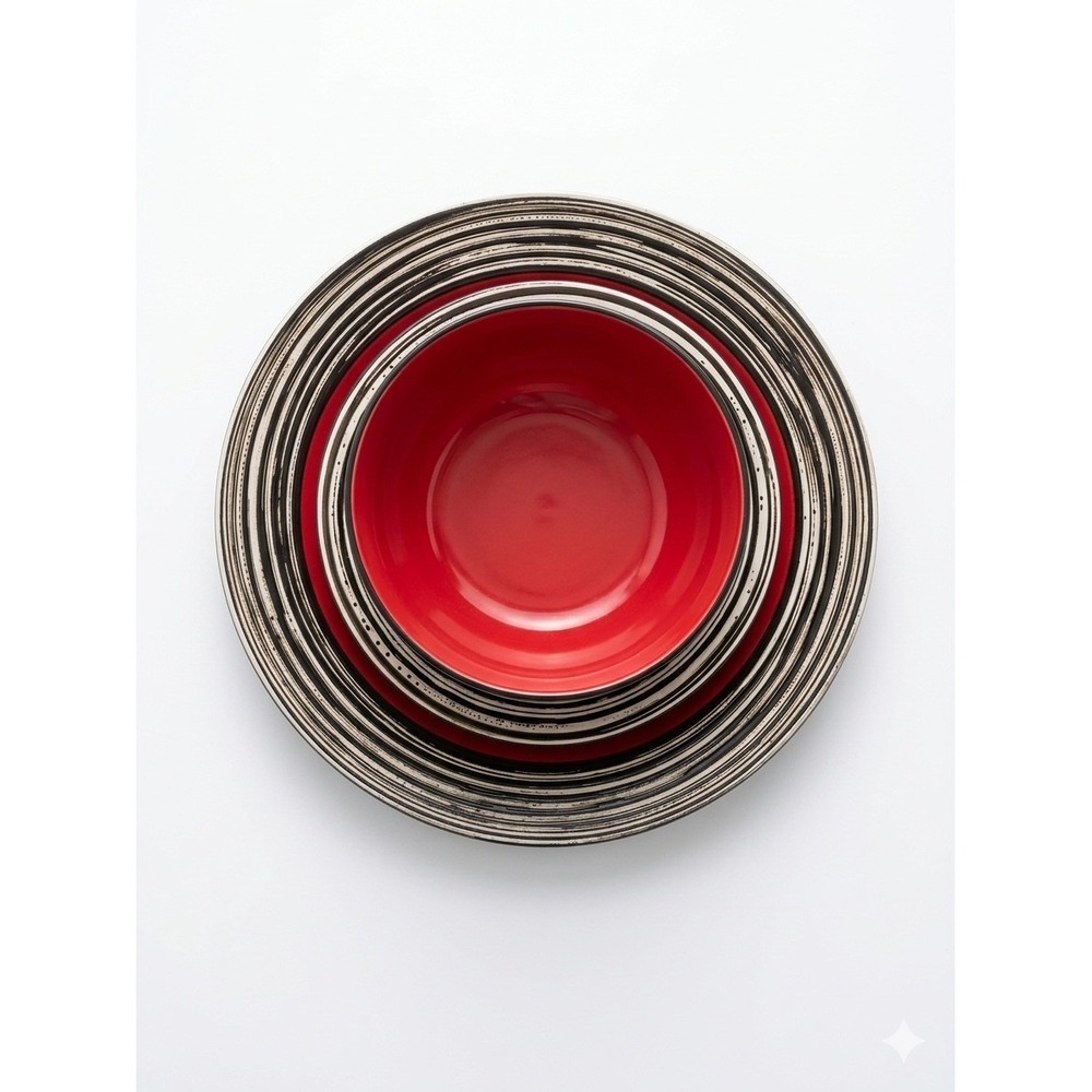Thomson‎ Pottery Tahiti Carmine Red Black Striped Stoneware Dinnerware Set 3pc